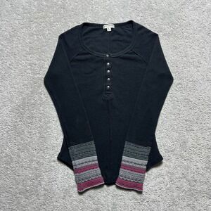 Earthbound Trading Co‎ Henley Shirt Womens Small Black Waffle Knit Crochet Cuffs
